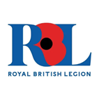 A blue and red logo with a black circle
